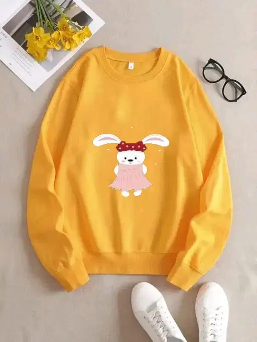 Fleece Printed Full Sleeves Sweatshirt for Women & Girls (Mustard, XL)