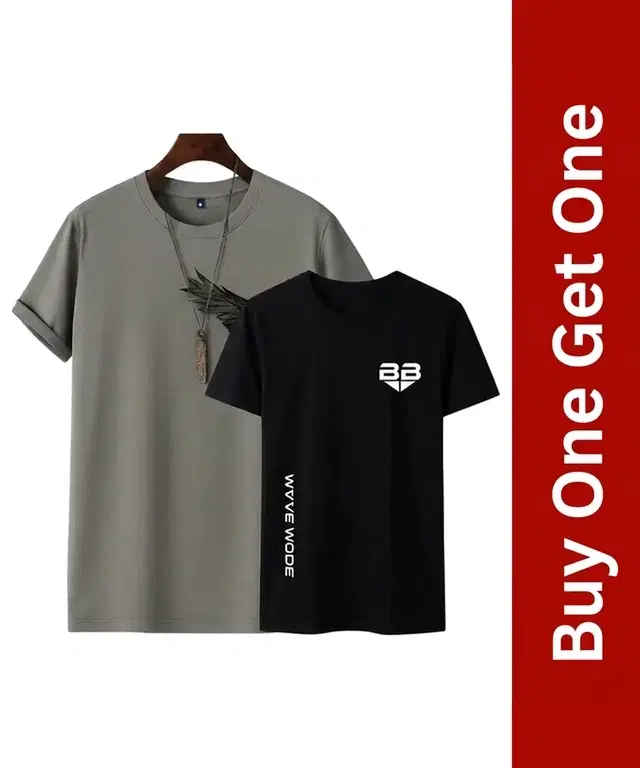 Round Neck Printed T-Shirt for Men, Buy 1 Get 1, Grey & Black, XXL