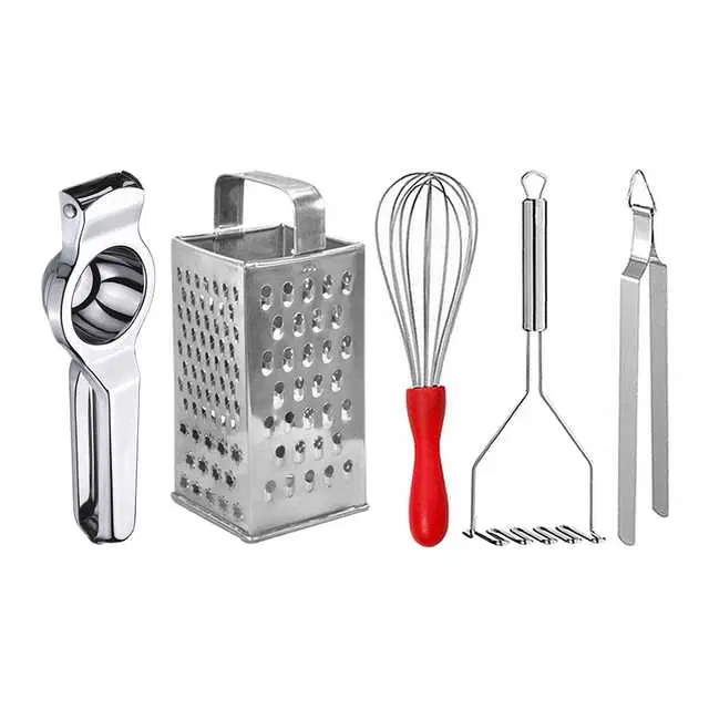 Oc9 Stainless Steel Lemon Squeezer & 4 in 1 Grater Or Slicer & Egg Whisk & Potato Masher & Roti Chimta Kitchen Tool Set, O-150