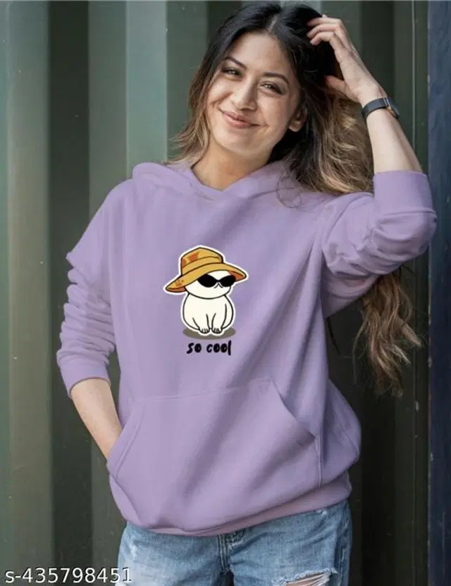 Fleece Printed Hoodie for Women (Lavender, S)