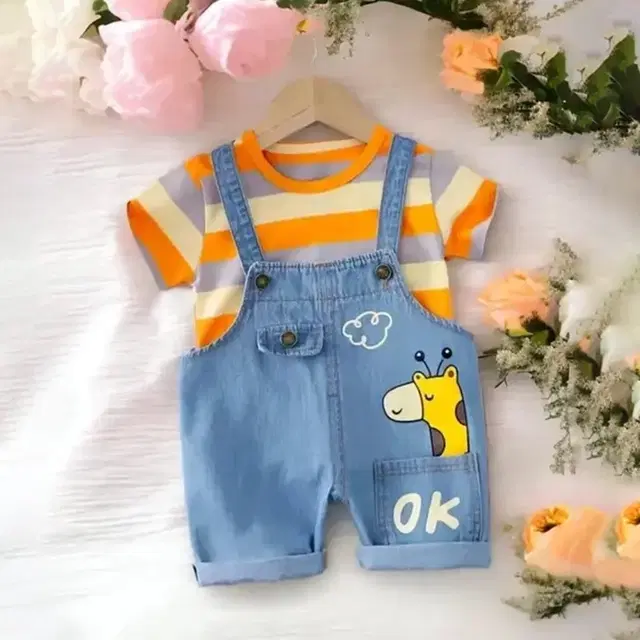 Cotton Blend Printed Dungarees for Boys, Blue & Orange (2-3 Years)