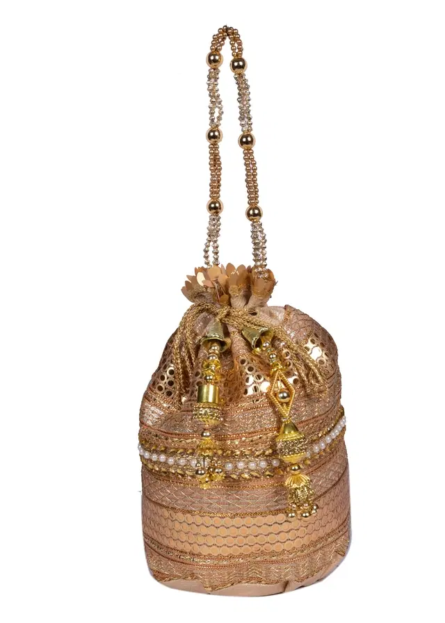 Silk Floral Ethnic Rajasthani Traditional Work Potli with Handle for Return Gifts, Gold