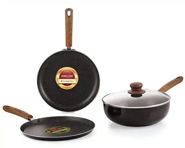 Aluminium Non Stick Tawa, Sauce Pan & Kadahi with Lid, Black, Set of 3