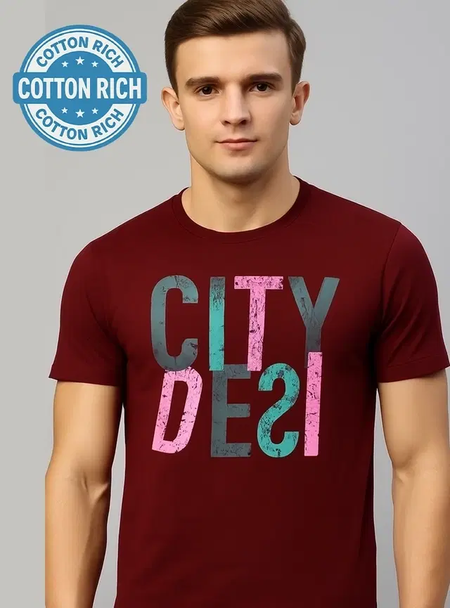 Round Neck Printed T-Shirt for Men, Maroon (M)