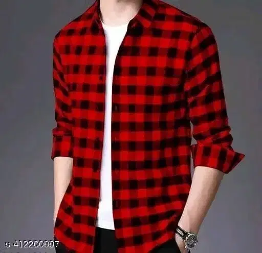 Cotton Blend Mens Checked Shirt Red(M)