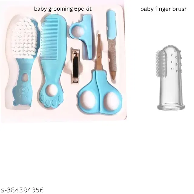 Combo of Silicone 5 Pcs Baby Care Kit with Finger Toothbrush, Blue, Set of 8