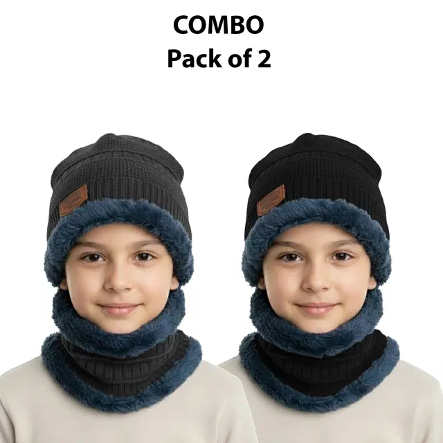 Woolen Solid Cap with Neck Wramer for Kids, Pack of 2, Multicolor