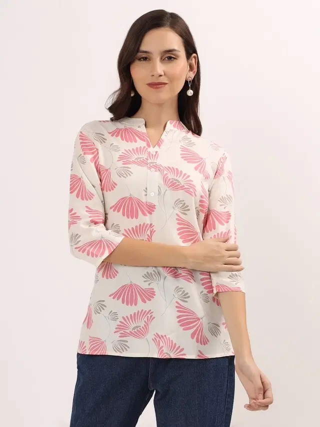 Rayon Floral Print Top for Women, Pink (L)
