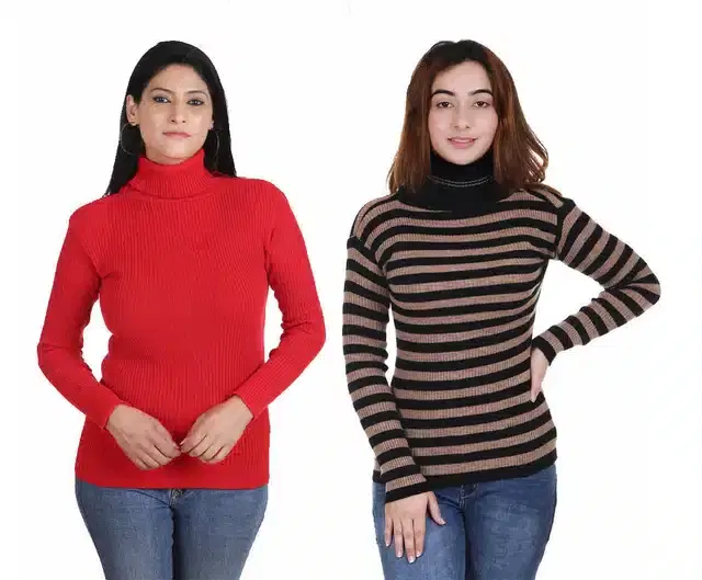 Full Sleeves Solid Sweater for Women, Pack of 2 (Red & Brown, S)