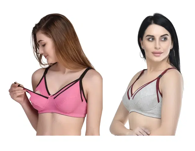 Cotton Blend Solid Non Padded Feeding Bras for Women, Pack of 2 (Multicolor, 36)