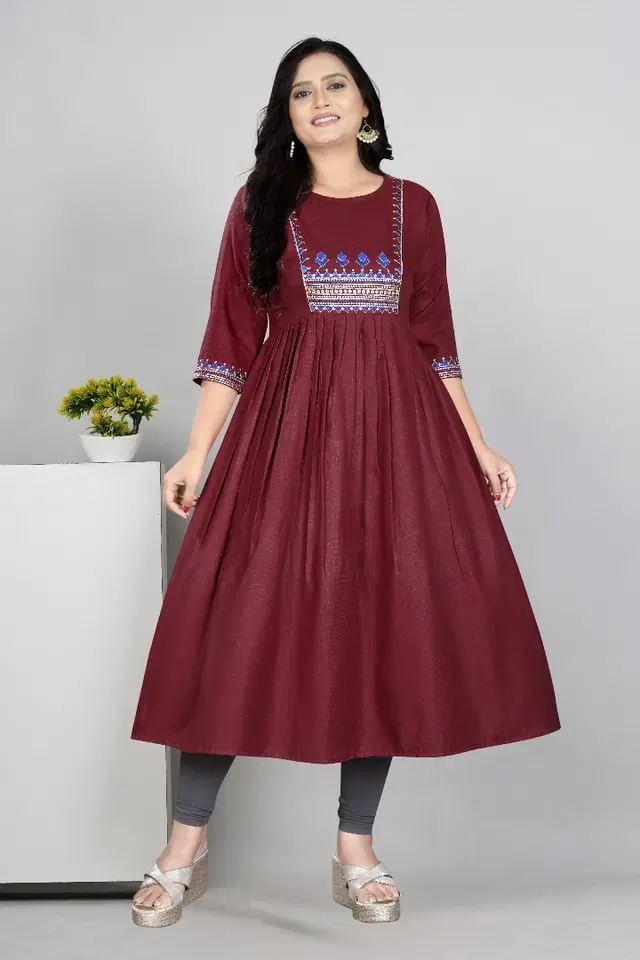 Zari Embroidered Cotton Blend Anarkali Kurti for Women (Maroon, M)
