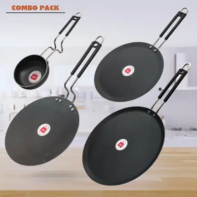 LAZYwindow Induction Base Iron Tawa and Tadka Pan Combo, Black, Pack of 4