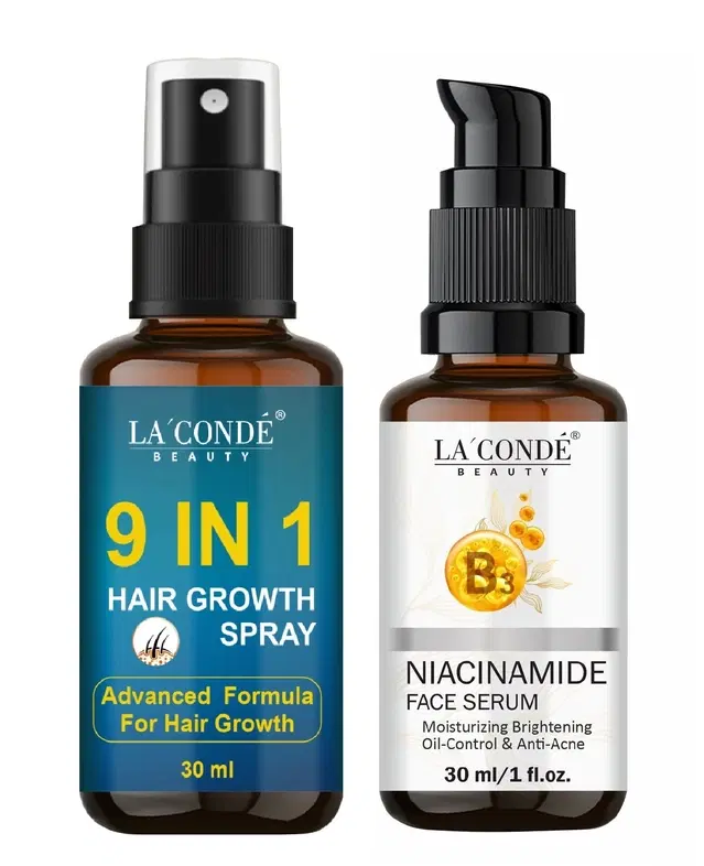 Combo of La'Conde Beauty 9 in 1 Hair Growth Spray & Niacinamide Face Serum, 30 ml, Set of 2