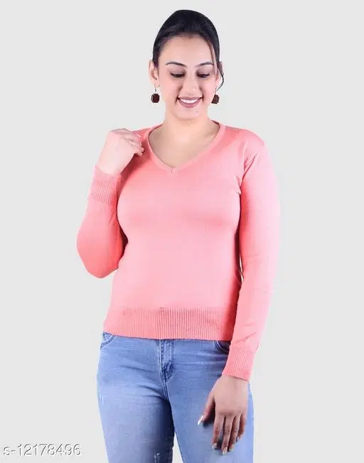 Acrylic Solid Sweater for Women (Peach, XL)