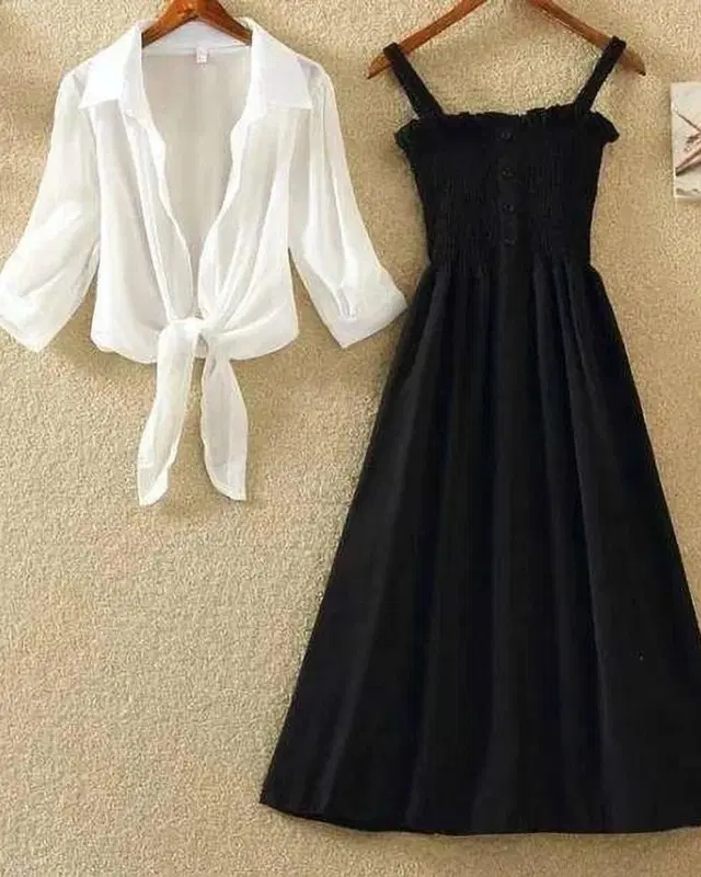 Poly Crepe Dress for Women (Black & White, S)