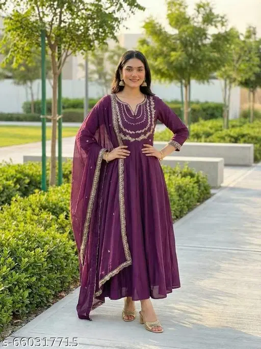 Solid Vichitra Silk Kurta Set for Women (Purple, XXXL)