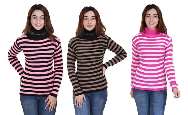 Full Sleeves Striped Sweater for Women, Pack of 3 (Multicolor, S)