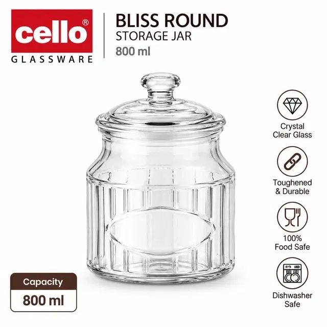 Cello Bliss Round Glass Storage Jar, 800 ml | Pack Of 1 | Pop-Up Airtight Lid | Stackable | For Kitchen Storage
