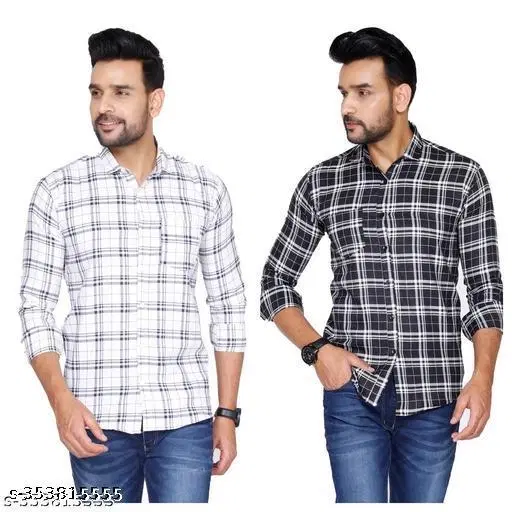 Cotton Blend Checked Shirt for Men, White & Black (XXL) Pack of 2