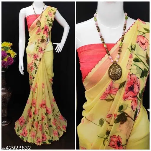 Georgette Abstract Saree for Women (Yellow & Pink, 6.3 m)