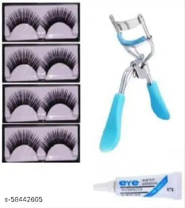 False Eyelashes, 4 Set with Glue & Eyelash Curler, Multicolor, Set of 3
