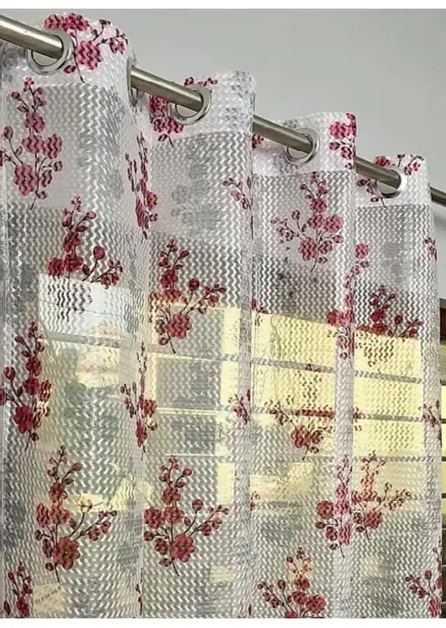 Printed Semi Transparent Net Window Curtains, Pack of 2, Maroon, 5 feet