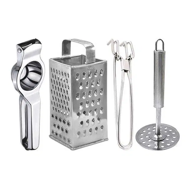 Oc9 Stainless Steel Lemon Squeezer & 4 in 1 Grater Or Slicer & Utility Pakkad & Potato Masher Kitchen Tool Set, O-120