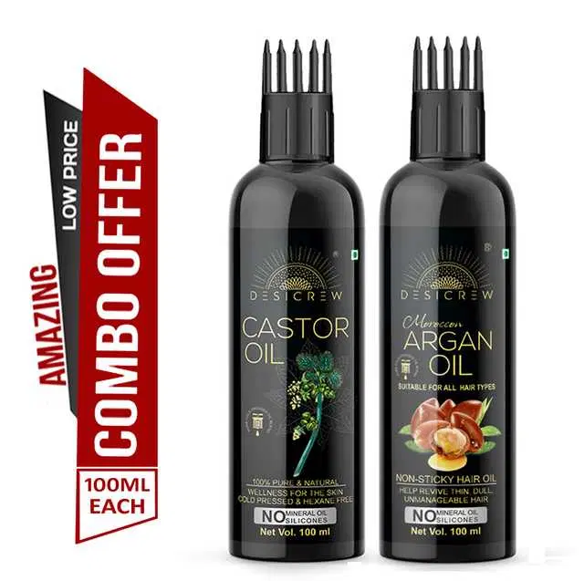 Desi Crew Cold Pressed Pure Castor Oil & Morocan Argan Oil, Pack Of 2, 100 ml, KGE-128