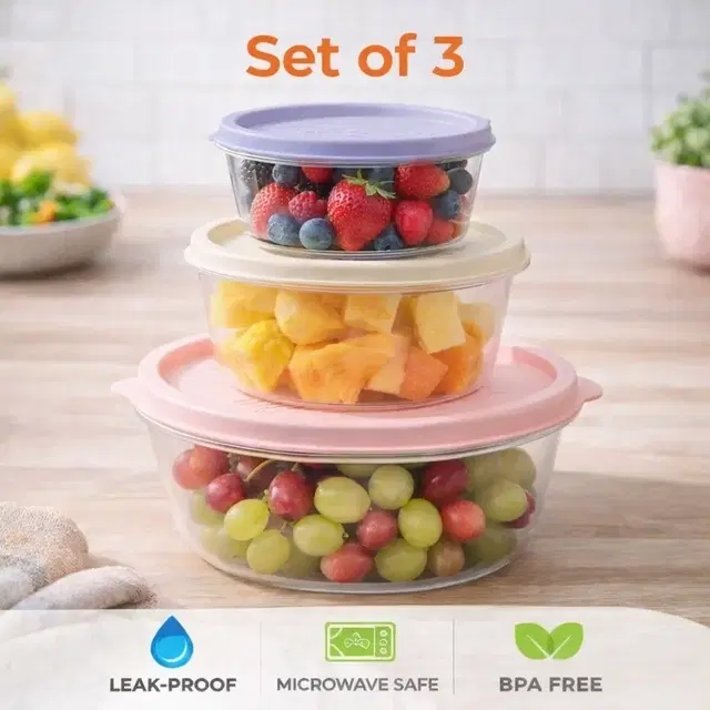 Storage Container Set - 3 Pcs Refrigerator Crisper Box with Airtight Lids, Leak Proof, Easy to Clean, Round Food Grade for Vegetable & Fruit (Pink,Beige,Purple)