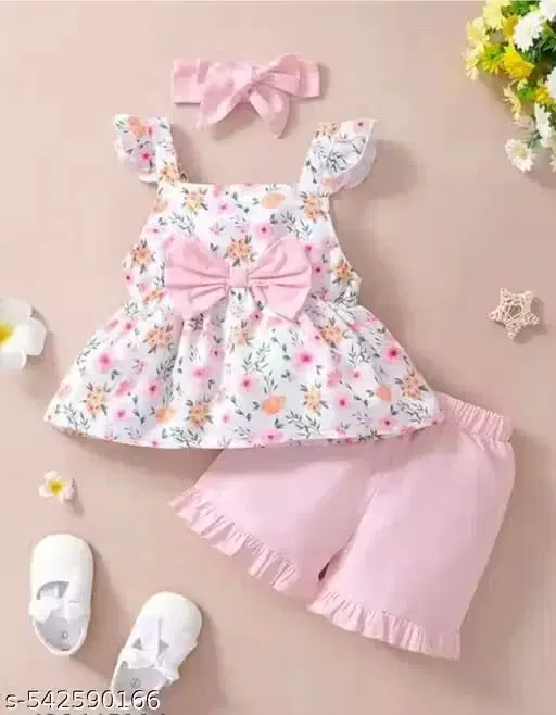 Girls Frocks & Dresses Square Neck printed White & PINK Cotton Blend(6-12 M)