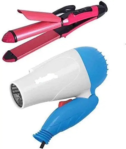 Plastic Hair Dryer With 2 in 1 Hair Straightner, Blue (1000 W)