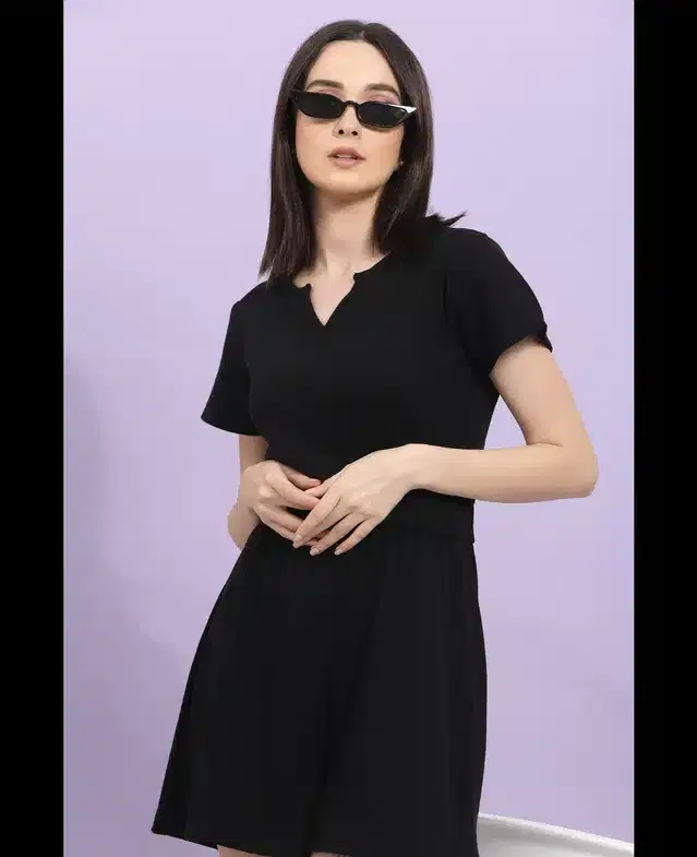 Half Sleeves Solid Jumpsuit for Women (Black, S)