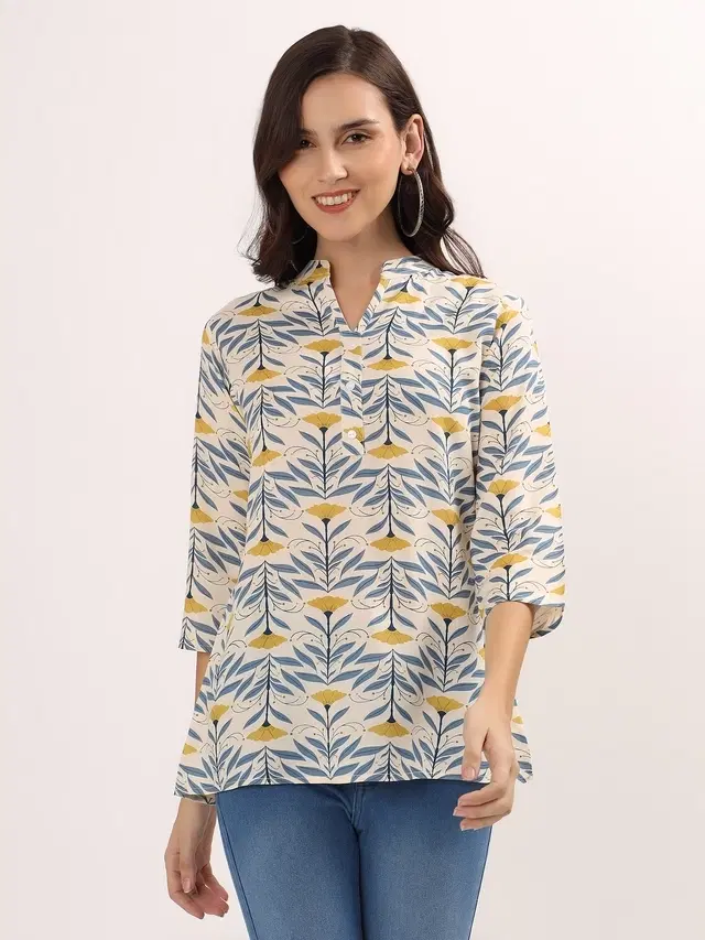 Womens ethnicfloral motif short Kurti, Blue (L)