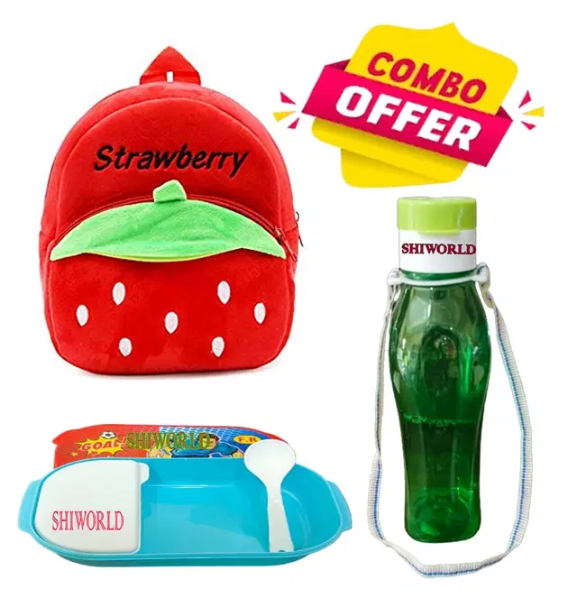 Combo of Fabric School Bag, Water Bottle with Lunch Box for Kids, Multicolor, Set of 3