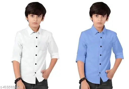 Solid Cotton Blend Long Sleeve Shirt for Boys, Pack of 2 (Aqua Blue, 2-3 Years)