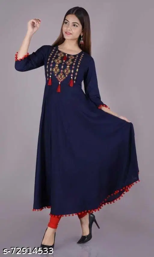 Women Embroidered Rayon A-Line Kurta, Blue (XXXL)