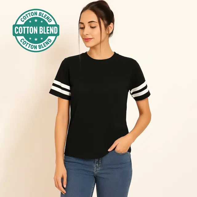 Round Neck Solid T-Shirt for Women, Black (S)