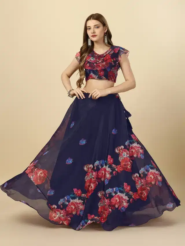 Georgette Semi Stitched Lehenga Choli for Women (Navy Blue, Free Size)