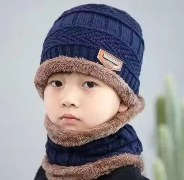 Woolen Solid Cap with Neck Warmer for Kids (Blue, Set of 1)