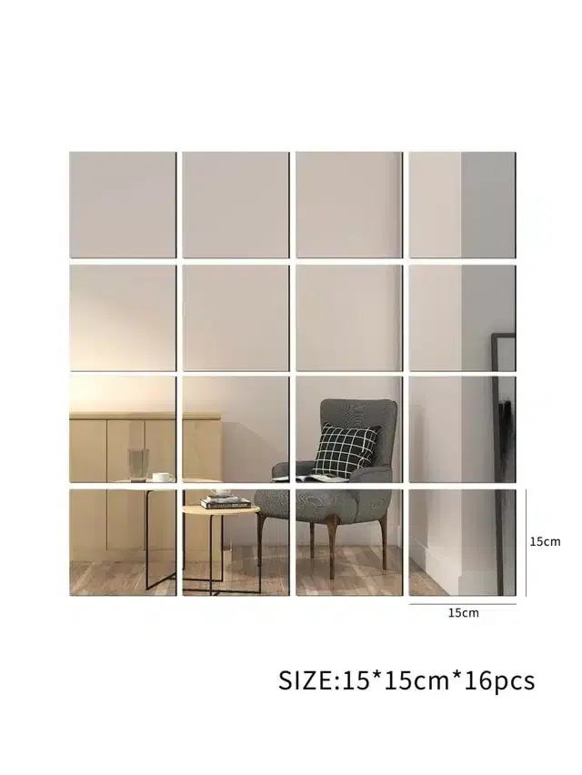 Acrylic Square Shaped Wall Mirror Stickers, Silver, Pack of 16