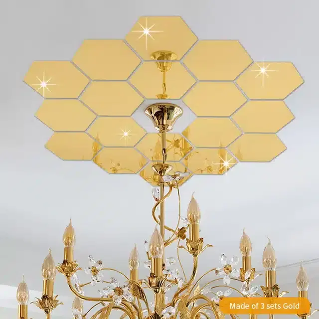 Acrylic Hexagon Shaped Wall Mirror Stickers, Gold, Pack of 18