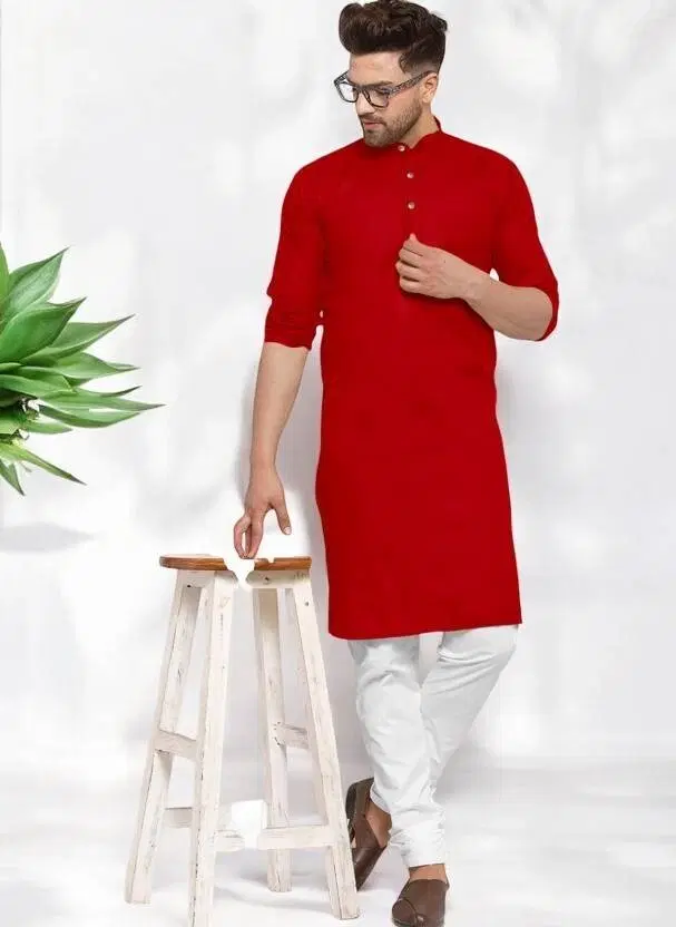 Cotton Blend Solid Kurta with Pyjama Set for Men, Red & White (XXL)