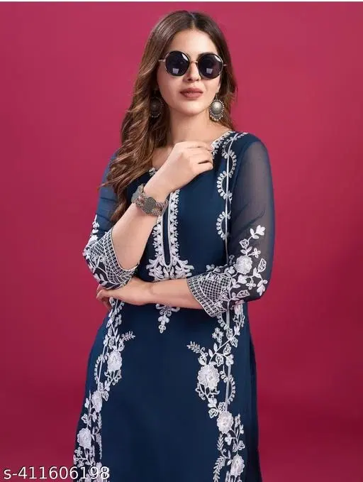 Georgette Embroidered Kurta & Paint Set For Womens, Aqua Blue (L)