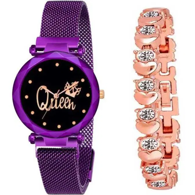 Casual Metal Analog Watch With Bracelet Women, Pack Of 2 (Purple) (MP-699)
