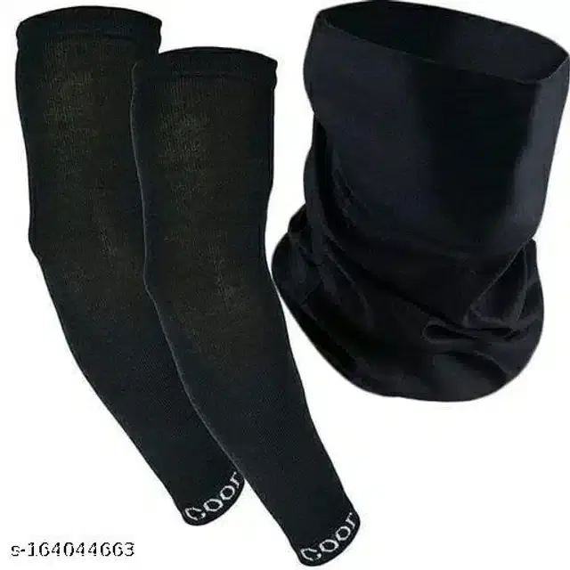 Cotton Arm Sleeves with Bandana Face Cover for Men & Women, Set of 2 (Black)