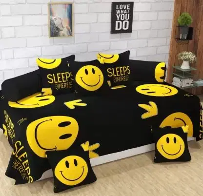 Swadeshi Style Stylish Regular Trendy Diwan Set 1 Single Bed Sheet With 5 Cushion Covers And 2 Bolster Covers), Black & Yellow, 150 cm X 230 cm, DD-42