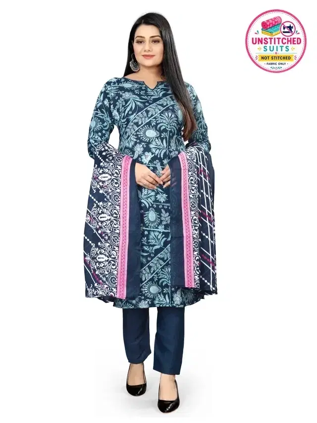 Cotton Blend Printed Unstitched Suit with Dupatta for Women, Blue