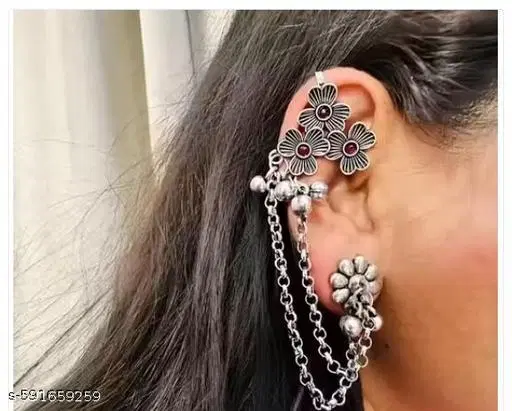 Latest trending ear cuff floral red silver oxidized earrings