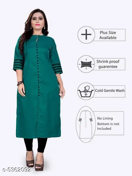 Solid Cotton Kurti with Show Button for Women (Green, XL)