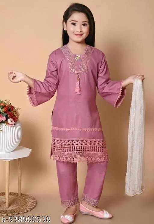 Solid Rayon Kurta Set for Girls (Dusty Pink, 7-8 Years)